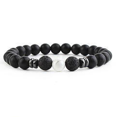 Round Natural Howlite Beaded Stretch Bracelets for Women Men, with Frosted Black Onxy Beads
