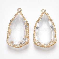 ガラスチャーム  真鍮パーツ  多面カット  異異形態  ゴールドカラー  透明  31~33x16~18x8mm  穴：1.5mm&nbsp;GLAA-S179-16