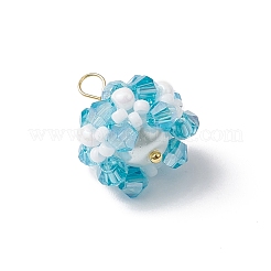 ガラスチャーム  花  ガラスシードビーズと真鍮ループ付き  多面カット  ライトスカイブルー  17.5x16mm  穴：2.3mm&nbsp;PALLOY-MZ00673-04