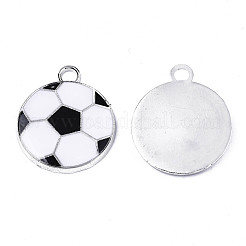 環境に優しい合金エナメル中空ペンダント  サッカーの模様とフラットラウンド  プラチナ  ホワイト  24x20x2.5mm  穴：3mm&nbsp;PALLOY-R122-09