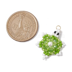 ガラスシードビーズペンダント  丸カン付き  ウミガメチャーム  ライムグリーン  31x22x6mm  穴：2.5mm&nbsp;PALLOY-MZ00398-02