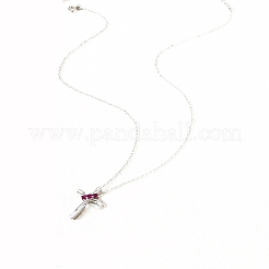 925 Sterling Silver Deep Pink Cubic Zirconia Cross Pendant Necklaces for Women&nbsp;FS-WGC3BD8-01