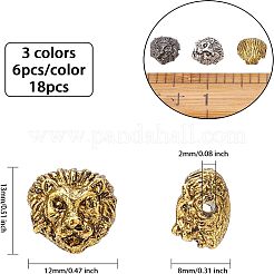 チベット風合金ビーズ  ライオンヘッド  ミックスカラー  13x12x8mm  穴：2mm  3色  6個/カラー  18個/箱&nbsp;PALLOY-FH0001-40