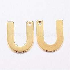 304ステンレススチールチャーム  文字L  イニシャルチャーム  18KGP本金メッキ  文字.u  11x6~12x0.8mm  穴：1mm&nbsp;STAS-P141-U