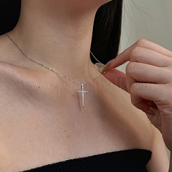 宗教十字架 925 スターリングシルバー パヴェ キュービックジルコニア ペンダントネックレス 女性用  プラチナメッキ  15.83インチ（40.2cm）&nbsp;NJEW-F338-03P