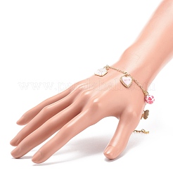 Word Love ハート バタフライ 合金 エナメル チャーム ブレスレット 樹脂ビーズ付き  女性のためのバレンタインテーマジュエリー.  ピンク  6-3/4インチ（17.2cm）&nbsp;BJEW-JB08677