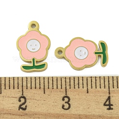 304ステンレススチールチャーム  エナメル  笑顔のチャーム付きフラワー  14KGP本金メッキ  ピンク  13x8x1mm  穴：1mm&nbsp;STAS-L022-435G-01
