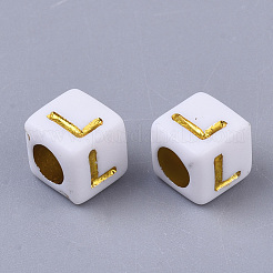 メッキアクリルビーズ  水平穴  ゴールドライン入り  アルファベットスタイル  キューブ  文字L  5.5~6x5.5~6x5.5~6mm  穴：3.5mm  約3000個/500g&nbsp;SACR-S297-09L