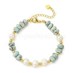 Natural Larimar Rondelle and Natural Cultured Freshwater Pearl Beaded Bracelets with Brass Round Beads&nbsp;BJEW-JB14417