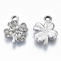合金ペンダント  クリスタルラインストーン付き  カドミウムフリー＆鉛フリー  クローバー  プラチナ  15x12x2.5mm  穴：1.8mm&nbsp;X-PALLOY-T073-07P-RS