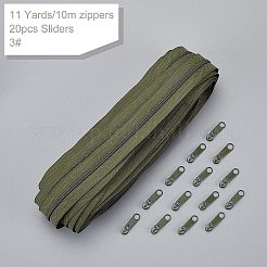 ナイロンガーメントアクセサリー  ファスナー部品セット  ナイロンジッパー＆合金ジッパープラー  オリーブ  1000x25mm  頭を引っ張る：26x7x5.5mm&nbsp;FIND-WH0056-21A-03