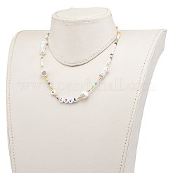 ガラスシードビーズのネックレス  アブソリュートプラスチック模造パールビーズ  アクリルハートビーズとプラチナメッキ合金カニカン  カラフル  16.53インチ（42cm）&nbsp;NJEW-JN03290-02
