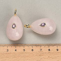 天然石ローズクォーツペンダント  ティアドロップチャーム  真鍮パヴェキュービックジルコニア留め  ゴールドカラー  38~39.5x20~21x21.5~22.5mm  穴：4.5mm&nbsp;GG-CBA4625-02G-06