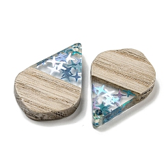 ウッドペンダント  樹脂と金箔  ティアドロップ  ディープスカイブルー  28x18x4mm  穴：2mm&nbsp;FIND-B042-12B