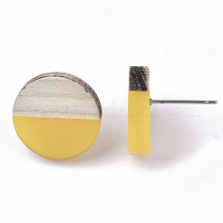 樹脂と木のスタッドピアス  304ステンレスピン付き  フラットラウンド  ゴールド  15mm  ピン：0.7mm&nbsp;EJEW-N017-003A-C04