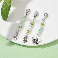 合金のペンダントの飾り  ガラスシードビーズと合金スイベルカニカン付き  キノコ/花/蝶  アンティークシルバー＆プラチナ  55~56mm  3個/セット&nbsp;HJEW-JM01439