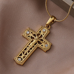 Vintage 316 Surgical Stainless Steel with Clear Glass Hollow Jesus Cross Pendant Necklaces for Women Men&nbsp;ES5776