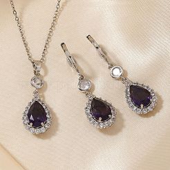 Brass Micro Pave Clear Cubic Zirconia & Glass Teardrop Pendant Necklaces & Earrings Sets for Women&nbsp;RT7280