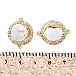Brass Micro Pave Cubic Zirconia Flat Round with Moon Face Connector Charms&nbsp;KK-U070-07G