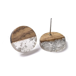 Resin & Walnut Wood Flat Round Stud Earrings with 304 Stainless Steel Pin for Women&nbsp;EJEW-TAC0021-05A