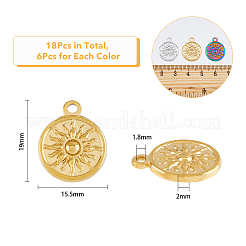 18個3色304ステンレスペンダント  太陽とフラットラウンド  ミックスカラー  19x15.5x2mm  穴：3mm  6個/カラー&nbsp;STAS-DC0013-15