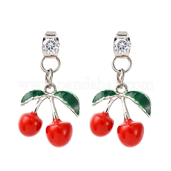 チェリー合金エナメルダングルスタッドピアス  クリアキュービックジルコニア  プラチナ  26.5x15mm&nbsp;EJEW-JE06633