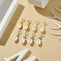 4 Pair 4 Color Natural Cowrie Shell with Glass Seed Flower Dangle Hoop Earrings Set&nbsp;EJEW-TA00177