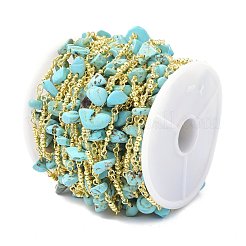 真鍮と合成ターコイズのリンクチェーン  スプールで  長持ちメッキ  ハンダ付け  ゴールドカラー  6~15x2.5~9.5x1~7mm  約10.93ヤード（10m）/ロール&nbsp;CHC-D029-01G