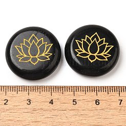 天然なオブシディアンカボション  金色の蓮の花が刻まれたフラットラウンド  25~26x6~7mm&nbsp;G-C158-04B