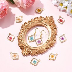 亜鉛合金エポキシ樹脂ペンダント10個5色  ドライフラワーの菱形  ゴールド  ミックスカラー  22x16x3.5mm  穴：2mm  2個/カラー&nbsp;FIND-CJ0004-93