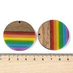 プライドレインボーテーマ樹脂＆ウォールナットウッドペンダント  フラットラウンド  カラフル  38.5x3.5mm  穴：2mm&nbsp;WOOD-K012-07B