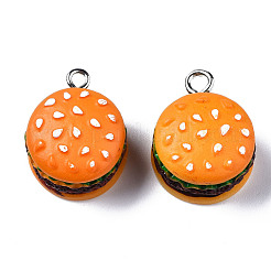 不透明樹脂ペンダント  プラチナトーンのアイアンループ付き  模造食品  ハンバーガー  オレンジ  20~21x16x13mm  穴：2mm&nbsp;X-RESI-S356-061A
