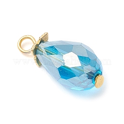 電気メッキガラスチャーム  ティアドロップ  鉄ループ付き  多面カット  ゴールドカラー  23x10mm  穴：3.5mm&nbsp;PALLOY-JF03956-02