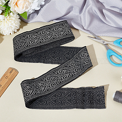 エスニック風刺繍ポリエステルリボン 7m  ジャカードリボン  チロリアンリボン  服飾材料  シルバーのハート柄  ブラック  2インチ（50mm）  約7.66ヤード（7m）/ロール&nbsp;OCOR-WH0070-119B-03
