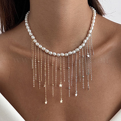Imitation Pearl Round Beaded Brass & Iron Chain Tassel Bib Necklaces for Women&nbsp;WGAF7CC-03