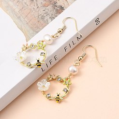 ダングルピアス  真鍮製のピアスフック付き  天然パールビーズ  合金エナメルチャーム  アクリルラインストーン  花とミツバチの指輪  ゴールドカラー  カラフル  50mm  ピン：0.6mm&nbsp;EJEW-JE04286