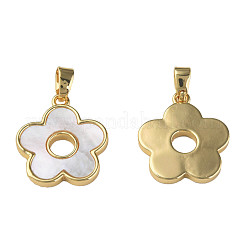 天然石シェルペンダント  18KGP本金メッキ真鍮製パーツとともに  ニッケルフリー  花  乳白色  17x15x2mm  穴：2.5x4mm&nbsp;KK-N233-223