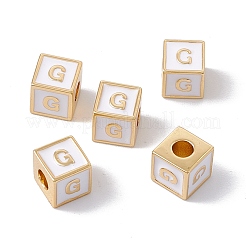 メッキ真鍮エナメルビーズラック  カドミウムフリー＆ニッケルフリー＆鉛フリー  18KGP本金メッキ  文字付きのキューブ  ホワイトスモーク  文字.g  6x6x6mm  穴：2.5mm&nbsp;KK-B060-04G-04G