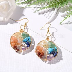 Natural & Synthetic Mixed Gemstone Chips Braided Ring with Tree of Life Dangle Earrings&nbsp;EJEW-JE04878-01