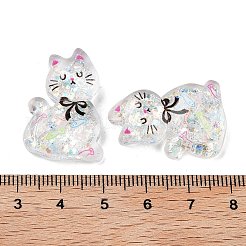 透明樹脂の蝶結びの子猫のデコデンカボション  キラキラパウダーを塗った猫の形  透明  28x20x7mm&nbsp;RESI-M045-07D