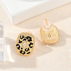 真鍮マイクロペーブクリアキュービックジルコニアスタッドピアス  エナメル  925つのスターリングシルバーピン付き  ヒョウ柄の長方形  18KGP本金メッキ  16.5x13.5mm&nbsp;EJEW-P301-06G