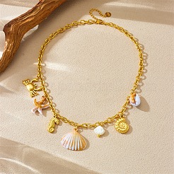 304ステンレススチールと天然カウリーシェルのペンダントビブネックレス（女性用）  貝殻色  ゴールドカラー  16.18インチ（41.1cm）&nbsp;NJEW-A050-02G
