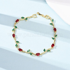 女性用真鍮マイクロパヴェキュービックジルコニアリンクチェーンブレスレット  花  18KGP本金メッキ  8インチ（20.3cm）&nbsp;BJEW-K292-01G