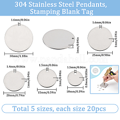 100個5スタイル304ステンレススチールペンダント  空白タグのスタンプ  フラットラウンドのチャーム  ステンレス鋼色  10~30x0.8~1mm  穴：1.4~1.6mm  20個/スタイル&nbsp;STAS-SC0008-29
