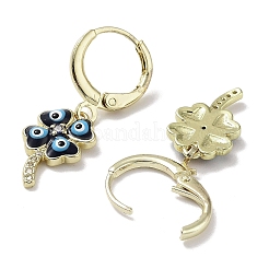 Evil Eye リアル 18K ゴールドメッキ真鍮ダングル レバーバック イヤリング  エナメル質とキュービックジルコニア付き  クローバー  29x9.5mm&nbsp;EJEW-L269-011G-01
