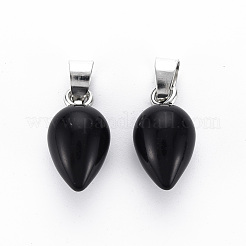 天然な黒の石のペンダント  プラチナアイアンピンチベイル付き  ティアドロップ  20x11mm  穴：7x4mm&nbsp;G-S359-289B