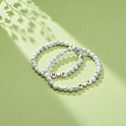 ナチュラルハウライトストレッチブレスレット2個セット  heart & word m and f アクリル ビーズ カップル ブレスレット ベスト フレンド 恋人  内径：2インチ（5.2cm）&nbsp;BJEW-JB08673-02