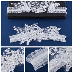 レース弾性ブライダルガーター  プラスチック模造パールと  結婚式の衣服の付属品  ホワイト  460x25~95mm  2個/セット&nbsp;AJEW-WH0347-96