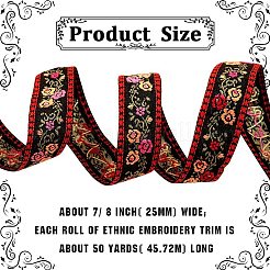 50ヤードのエスニックスタイルの刺繍入りナイロンフラワージャカードリボン  蝶結び ヘアピン 帽子 衣類 アクセサリー  レッド  1インチ（25mm）&nbsp;PW-WG55654-03