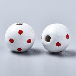 塗られた天然木のヨーロッパのビーズ  大穴ビーズ  印刷  丸いドット  ホワイト  16x15mm  穴：4mm&nbsp;WOOD-S057-056H